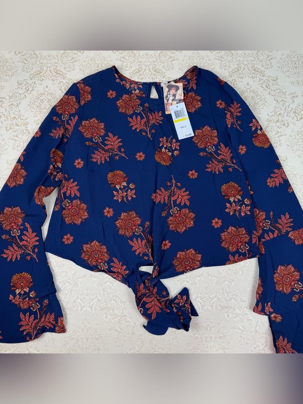 Self Esteem Navy Floral Tie-Front Blouse NWT